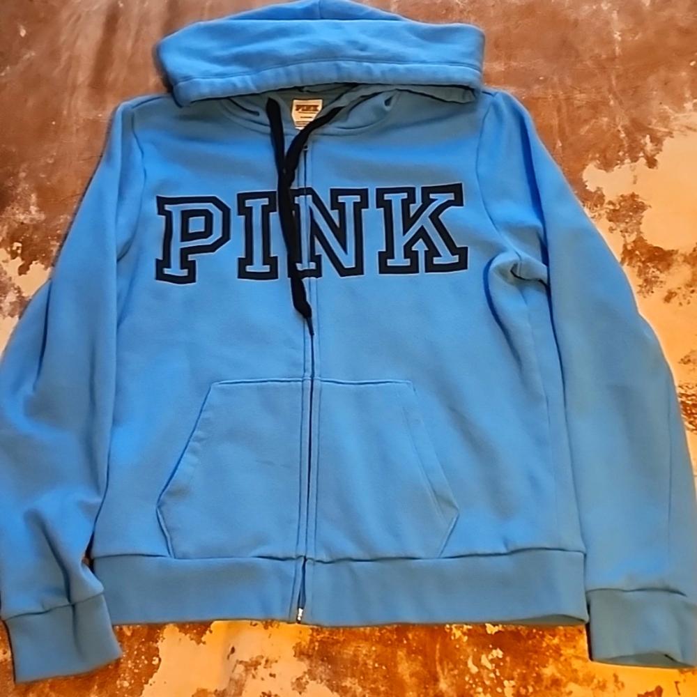 Pink Victoria's Secret Blue Zip-up Hooded Sweatshirt. Size: M